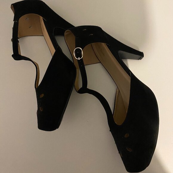 Modcloth Faux Suede T Strap Vintage Inspired Pin Up Cut Outs Heels Women's 13 - Picture 5 of 11